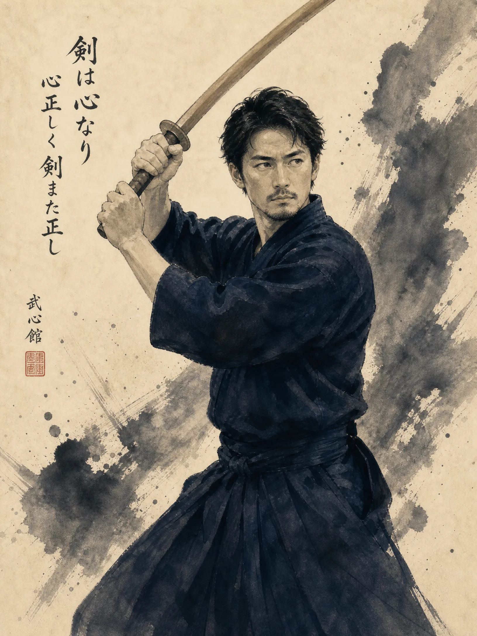 青年剑道指导员水墨风肖‌像